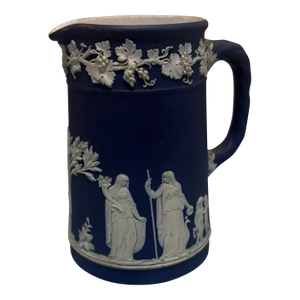Vintage Wedgwood Cobalt Blue Dipped Jasperware Small Pitcher Jug — Classical Figures & Grapevine Relief