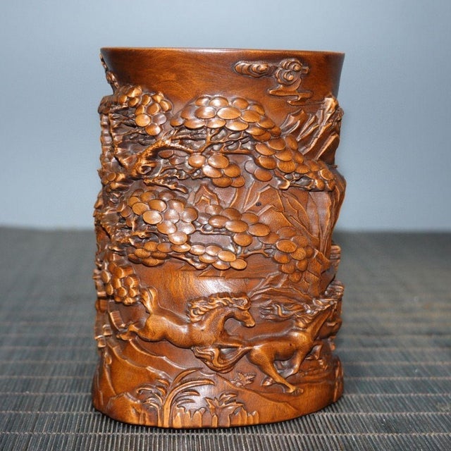 Chinese Vintage Chinese Boxwood Carved "Eight Horses" Brush Pot - 333g For Sale - Image 3 of 9