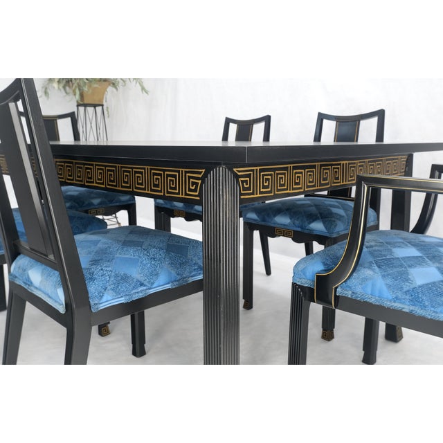 Al Huller Black Lacquer Gold Ornament Decorated 6 Chairs 2 Leaves Blue Upholstery 2 Arm Chairs Dining Table Set MINT! The...