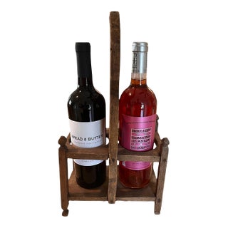 Antique French Provincial Wooden Double Wine Bottle Carrier With Glass Inserts For Sale