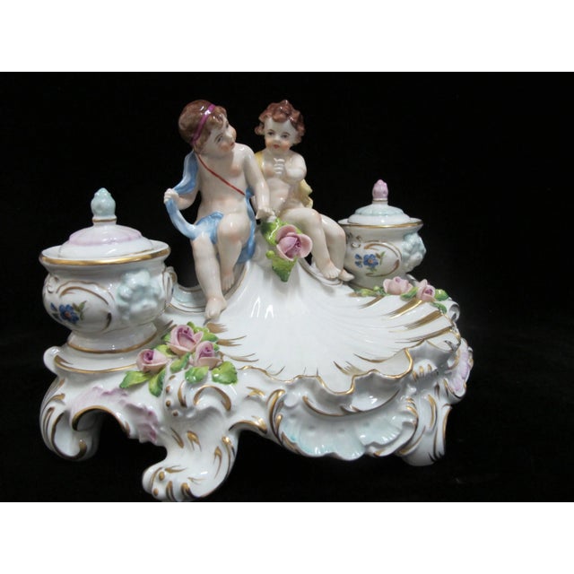 Sitzendorf Porcelain Cherub Putti Figural Inkwell Centerpiece Figurine & Inserts For Sale - Image 4 of 13