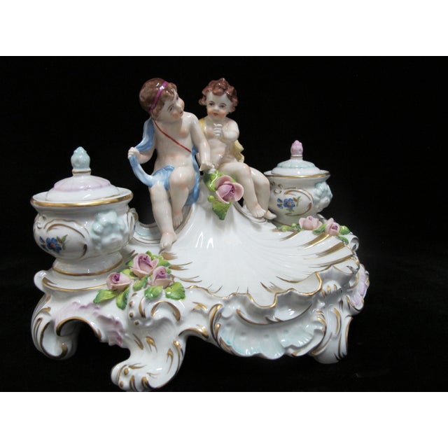 Ssitzendorf Porcelain Cherub Putti Figural Inkwell Centerpiece Figurine & Inserts For Sale - Image 4 of 13