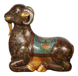Asian Wood Hand-Painted Figure of a Recumbent Ram