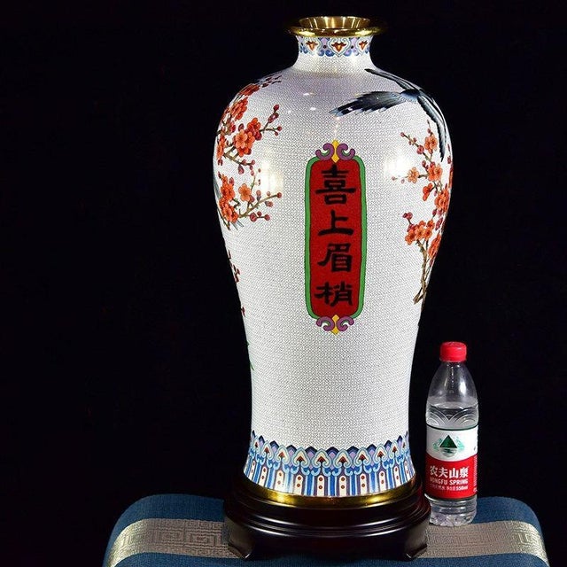Traditional Large Vintage Cloisonné Enamel Meiping Vase – Magpie & Plum Blossom Motif, Attributed to Dai Jialin For Sale - Image 3 of 9
