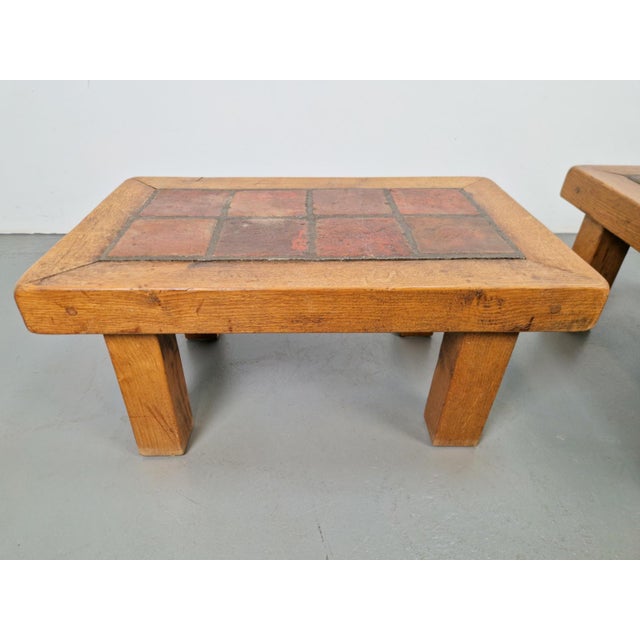 Wood Brutalist Oak Side Tables with Terracotta Tiles, 1950s, Set of 2 For Sale - Image 7 of 12