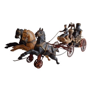 Large Vintage 21" Cast Iron 3-Horse Fire Pumper Wagon Toy - Utexiqual / Kenton Style For Sale