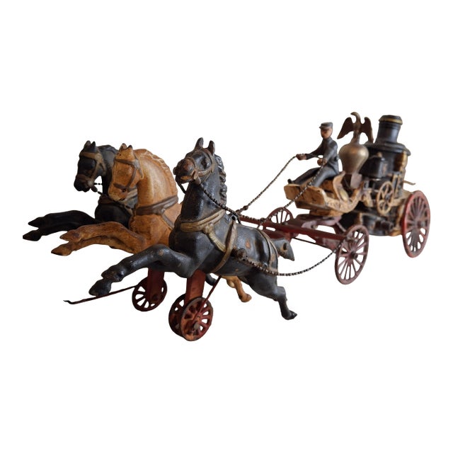 Large Vintage 21" Cast Iron 3-Horse Fire Pumper Wagon Toy - Utexiqual / Kenton Style For Sale