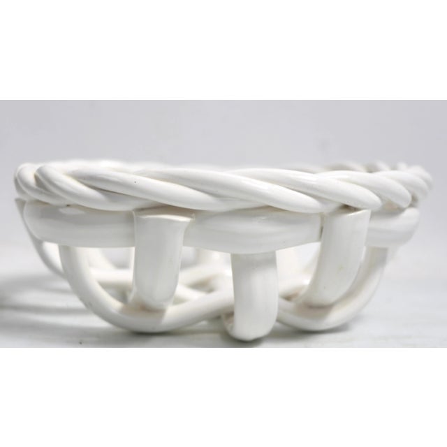 Chic stylish ceramic open work woven basket style serving bowl in white on white glaze, Mid Century vintage, probably made...