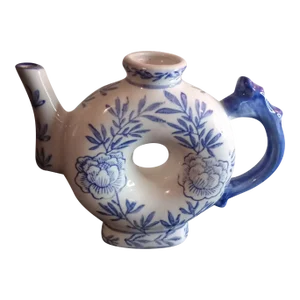 1960s Blue & White Handpainted Floral Porcelain Chinese Tea Pot