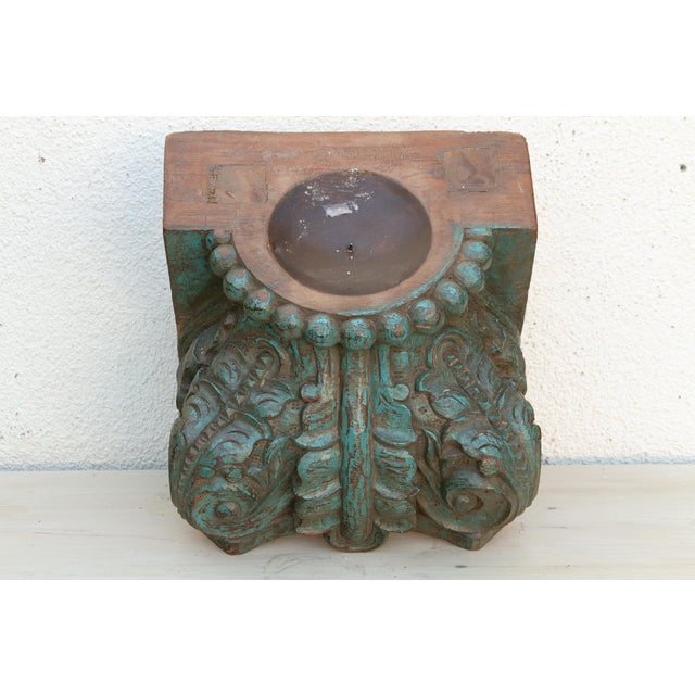 19th Century Finely Carved Turquoise Blue Teak Capital For Sale - Image 5 of 8