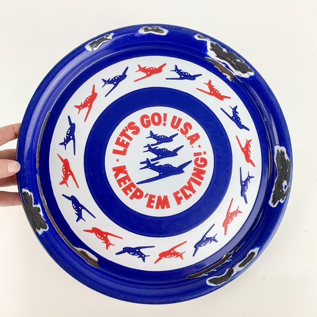 Blue Vintage Patriotic u.s.a. Ww II Porcelain Navy Flyer Pilot Airplane War Time Tray For Sale - Image 8 of 11