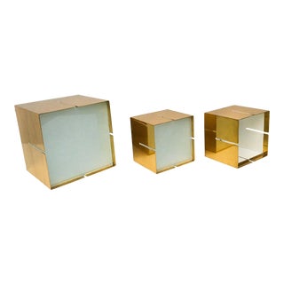 Set of Three Heavy Brass Mid-Century Modern Cube Ceiling Light Fixtures For Sale