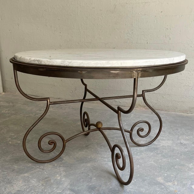 Hollywood Regency Scrolled Steel and Marble Round Dining Table For Sale - Image 9 of 11