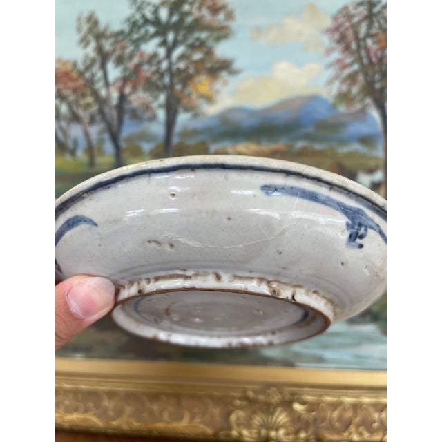 Ceramic Likely Antique Vietnamese Blue and White Hand-Painted Ceramic Dish, 19th Century Tonal Style.. For Sale - Image 7 of 9