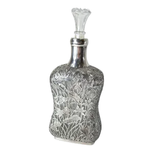 20th Century Sterling Silver Overlay Decanter Bottle With Lotus Flowers