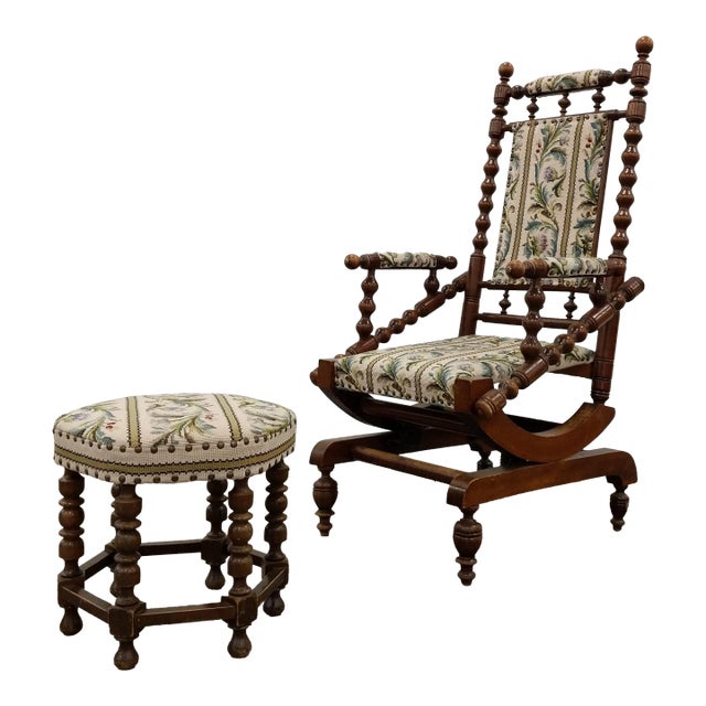 Antique Danish Rocking Chair With Foot Stool For Sale