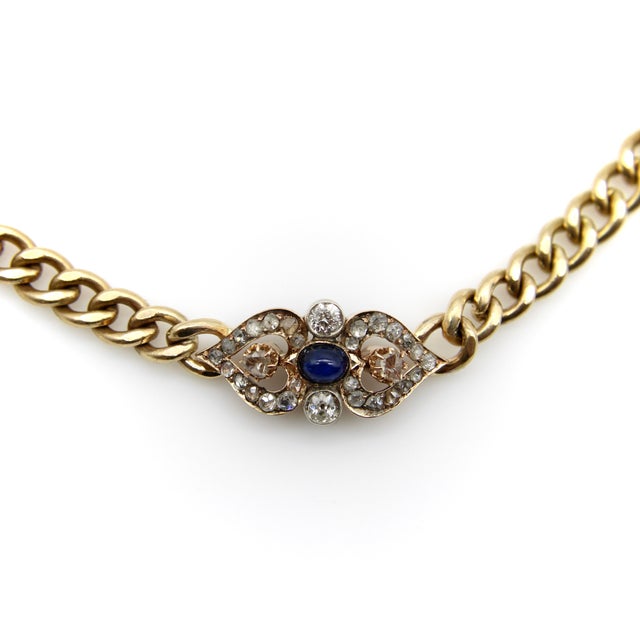 Victorian Late 19th Century Victorian 14k Gold Curb Link Diamond and Sapphire Necklace For Sale - Image 3 of 12