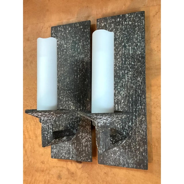 Vintage Frosted Glass and Metal Wall Sconces - A Pair For Sale - Image 10 of 12