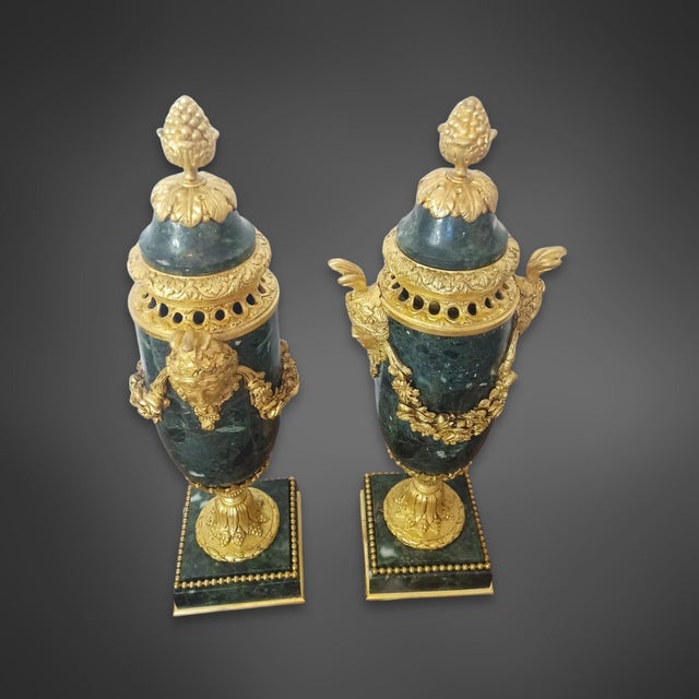 19th Century Louis XVI Style Green Marble and Gilt Bronze Cassolettes, Set of 2 For Sale - Image 5 of 10
