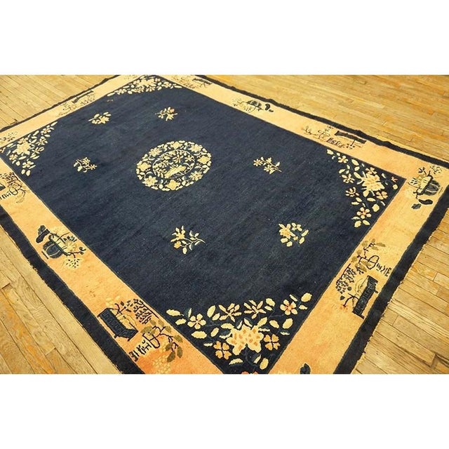 Textile 1920s Antique Blue Field Vase Medallion Wool Knotted Peking Runner Small Rug For Sale - Image 7 of 11