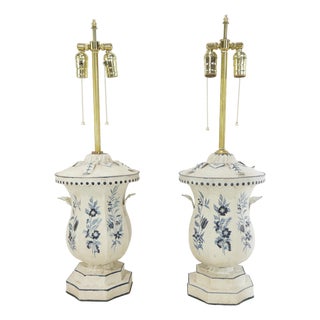 A Pair of Vintage 1980s Hand-Painted Blue and White Toleware Table Lamps - For Sale