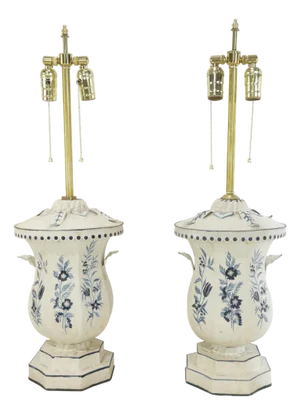 A Pair of Vintage 1980s Hand-Painted Blue and White Toleware Table Lamps -