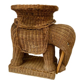Vintage Boho Chic Wicker Elephant Side Table For Sale