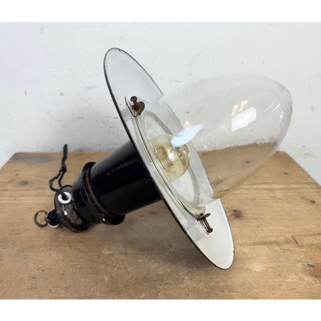 Black Industrial German Black Enamel Pendant Lamp with Glass Cover, 1930s For Sale - Image 8 of 14