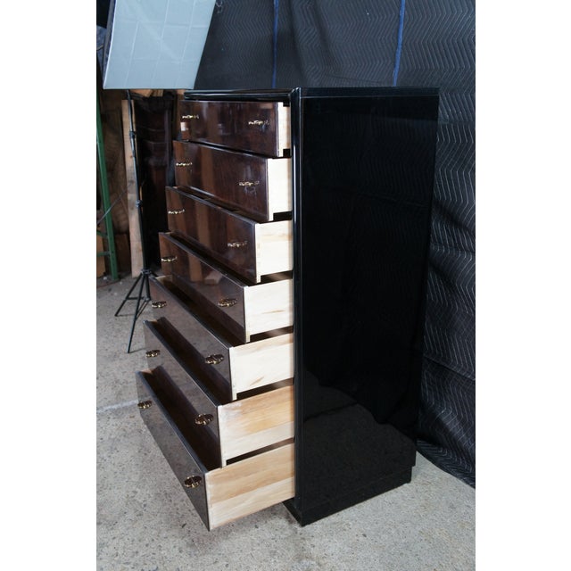 Henredon 1980s Henredon Scene Three Art Deco Style Walnut Burl Black Lacquer Tallboy Dresser For Sale - Image 4 of 14