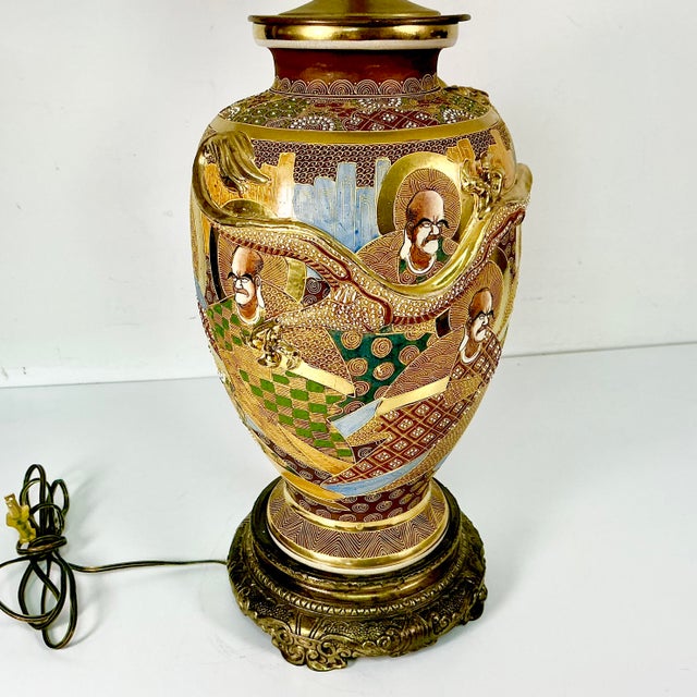Vintage Hand Painted Japanese Satsuma Moriage Ironstone Table Lamp With Raised Relief Dragon For Sale - Image 9 of 17