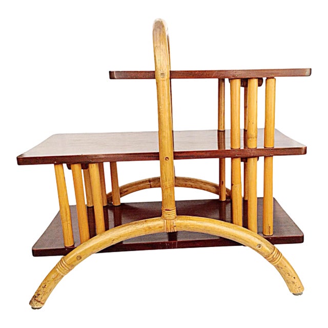 Three Level Rattan & Wood Side Table For Sale