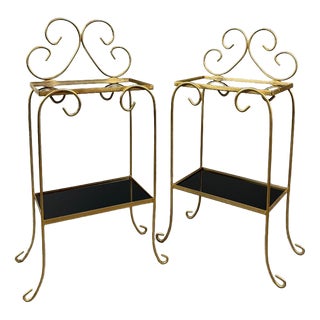 Vintage Side Tables in Gilt Metal with Glazed Ceramic Tops, 1960s, Set of 2 For Sale