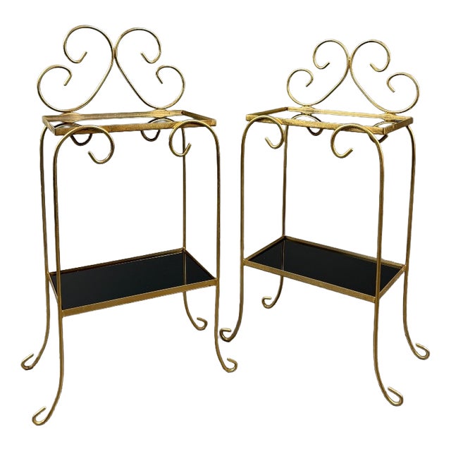 Vintage Side Tables in Gilt Metal with Glazed Ceramic Tops, 1960s, Set of 2 For Sale