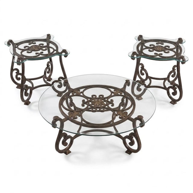 Thomasville Grand Scale 52" Round Forged Iron Coffee Table and Matching Two Side Tables For Sale
