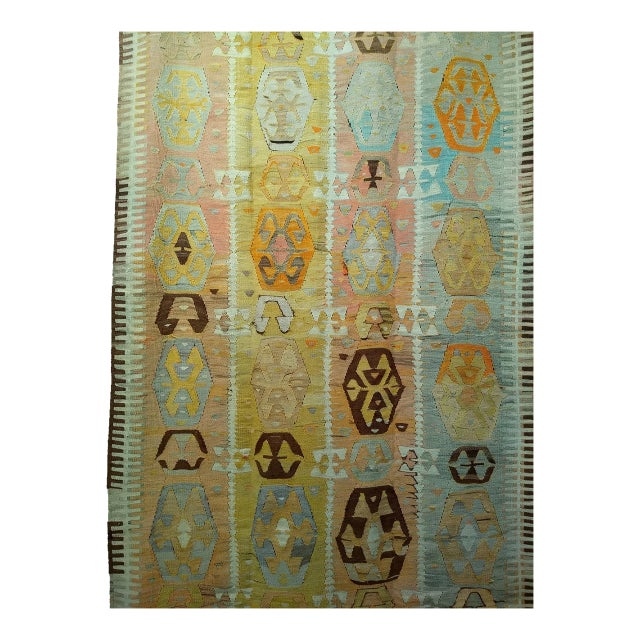Vintage Anatolian Kilim Area Rug, Hand-Woven Wool, Geometric Design,Tan & Pale Green, 5x10 For Sale