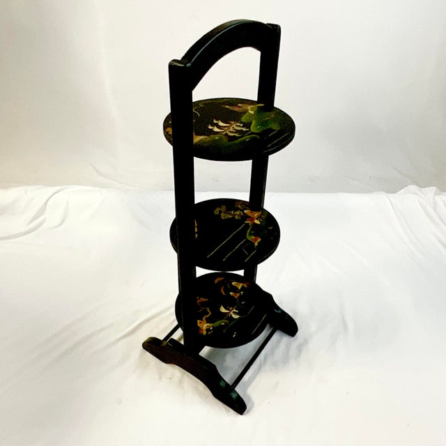 Vintage Chinoiserie Ebonized Black Three Tier Pie, Desert Table Stand. For Sale - Image 4 of 12