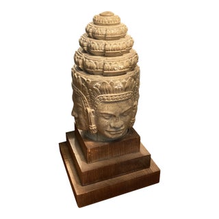 Antique Stone Buddha Statue on Wood For Sale