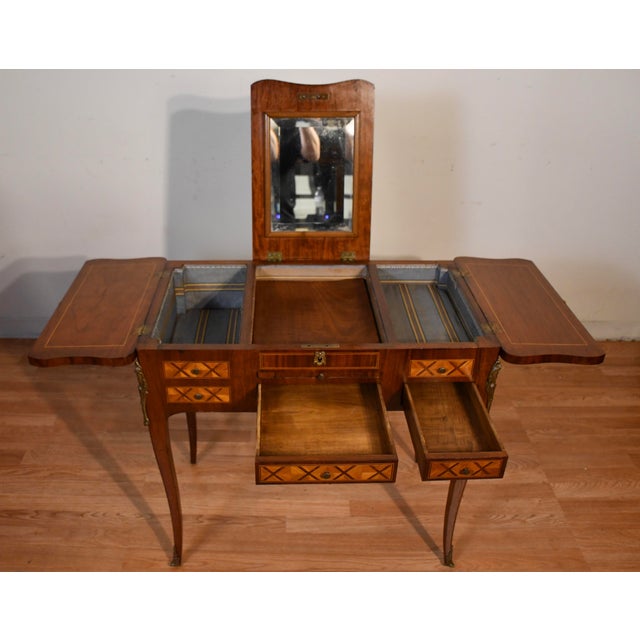 Wood 1890s Antique French Louis XV Walnut & Satinwood Coiffeuse Makeup Vanity Desk For Sale - Image 7 of 18