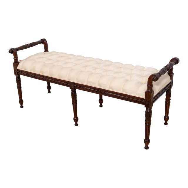 Maitland Smith Tufted Upholstered Mahogany Bench For Sale