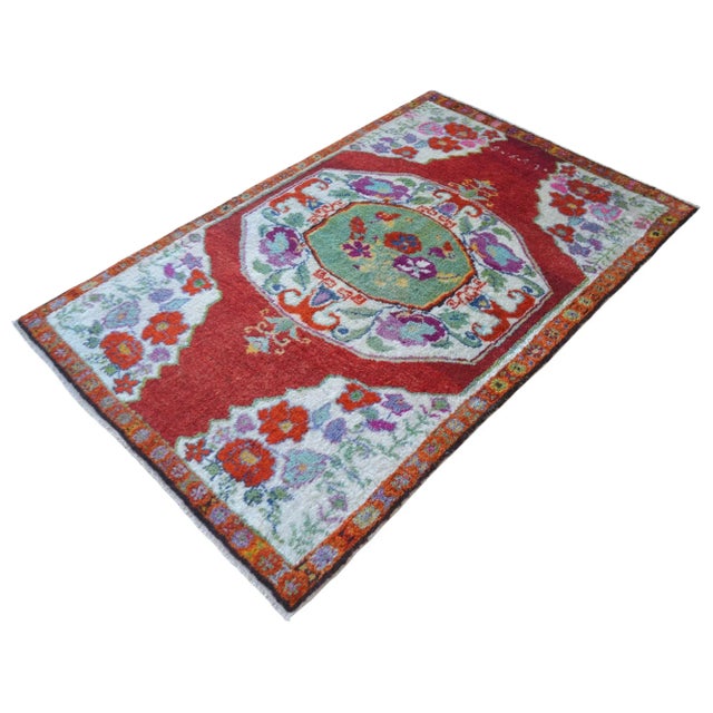 Textile High Pile Area Rug Hand Knotted Colorful Oushak Medallion Rug - 3'10'' X 6' For Sale - Image 7 of 12