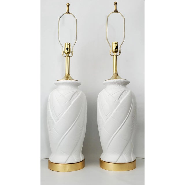 Modern Lamp Pair White Plaster Palm Tree Leaf Restored Large For Sale - Image 3 of 13