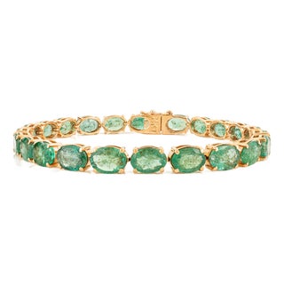 14.49 Carat Certified Emerald Tennis Bracelet in 14k Solid Yellow Gold- 7 Inches For Sale