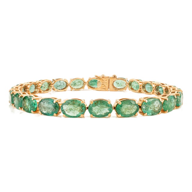 14.49 Carat Certified Emerald Tennis Bracelet in 14k Solid Yellow Gold- 7 Inches For Sale