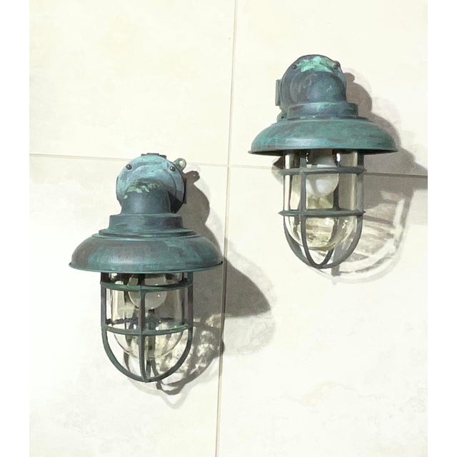 Vintage Maritime Solid Copper & Brass Sconces Size 14” High X 9” Wide X 10” Deep For Sale - Image 9 of 17