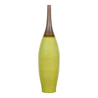 Early 21st Century Artisan Handmade Lime Green Glazed Ceramic Vase with Brown Neck For Sale
