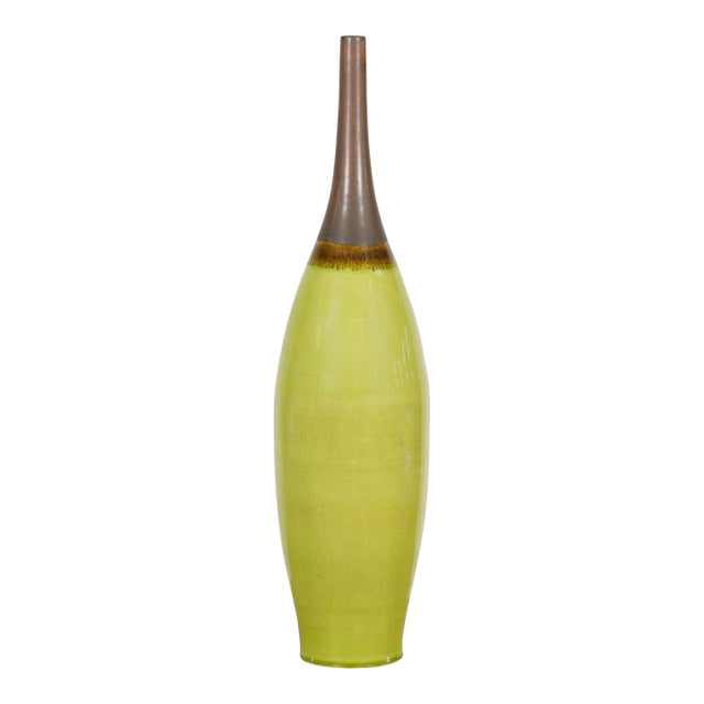 Early 21st Century Artisan Handmade Lime Green Glazed Ceramic Vase with Brown Neck For Sale