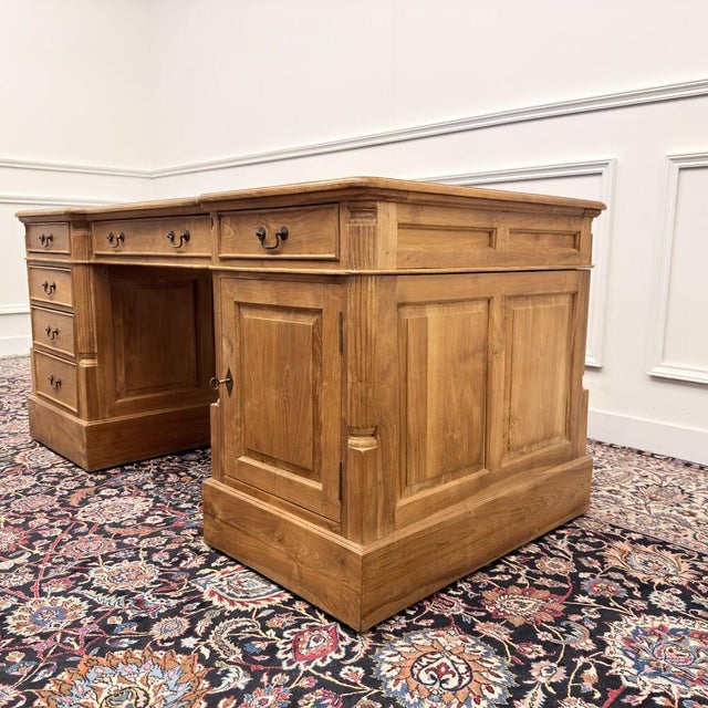 English Teak Desk with Brown Leather Top For Sale - Image 6 of 18