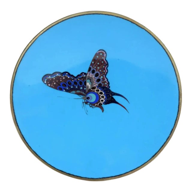 Antique Meiji Japanese Cloisonne Goldstone Spotted Butterfly Plate For Sale