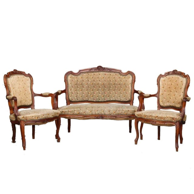 Antique French Louis XVI Carved Walnut Parlor Set, Settee and Armchairs - 3 Pieces For Sale - Image 4 of 13