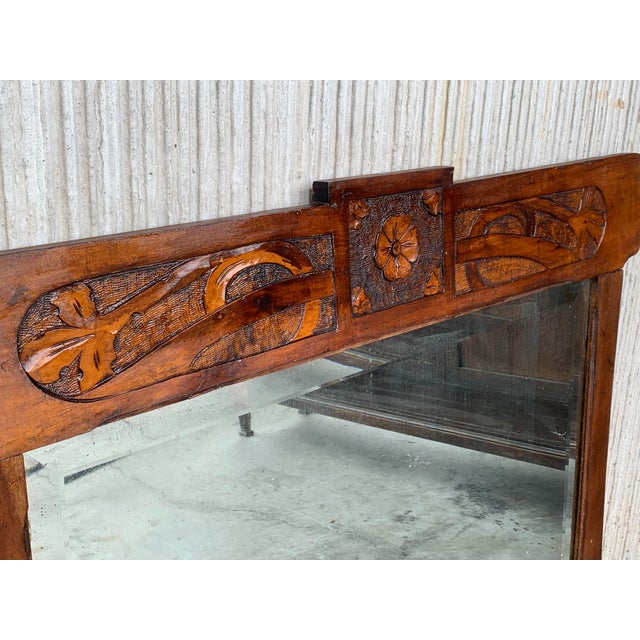 1920 Antique Arts & Crafts Carved Oak Wall Mirror For Sale - Image 6 of 11